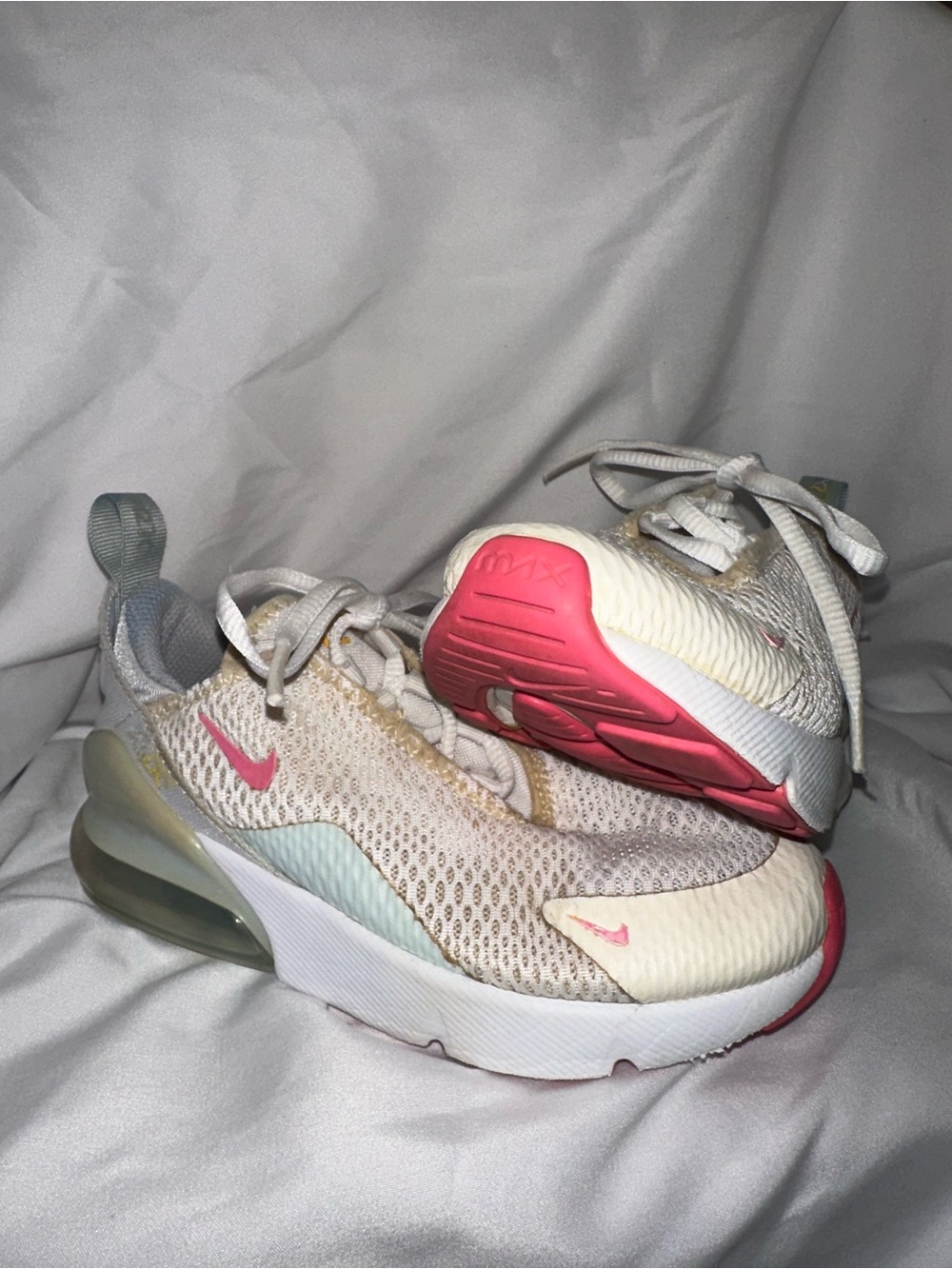 Nike Kids Air Max 270 React Sneakers in Cream with Pink Accents